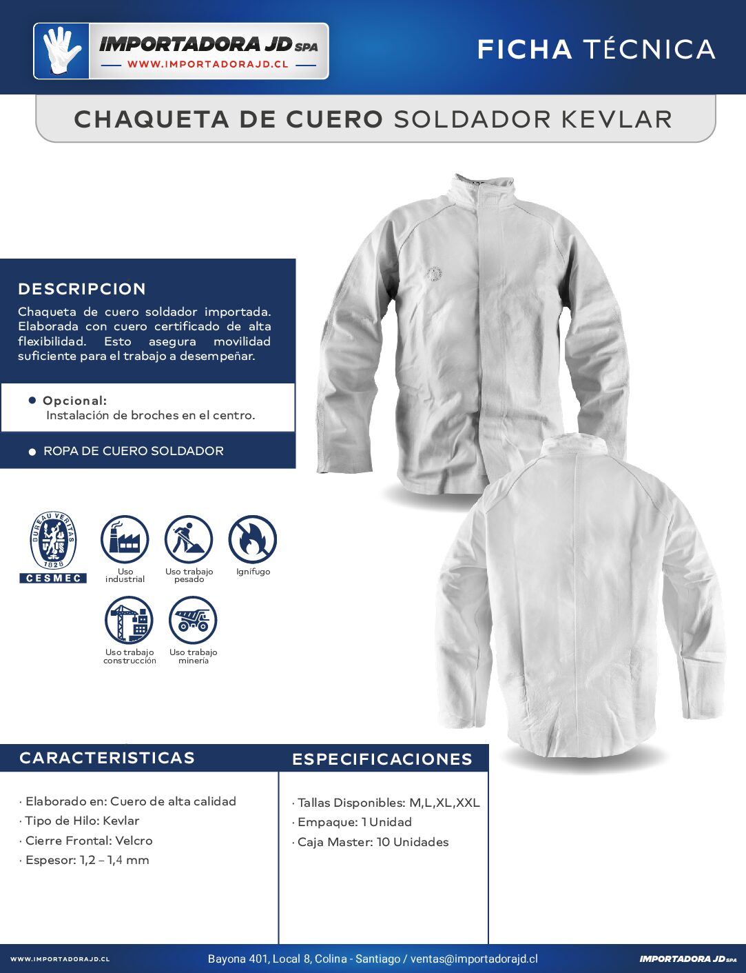 Chaqueta de Cuero Soldador Importada Con Velcro e Hilo Kevlar - Imagen 3
