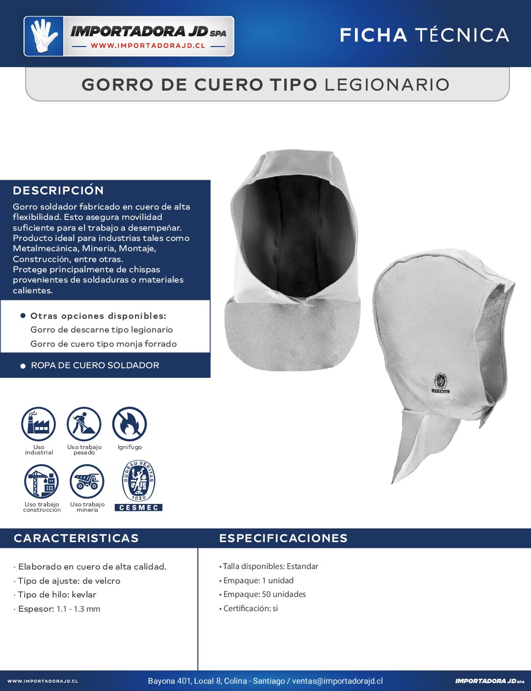 Gorro De Cuero Soldador Legionario con Hilo Kevlar - Imagen 3
