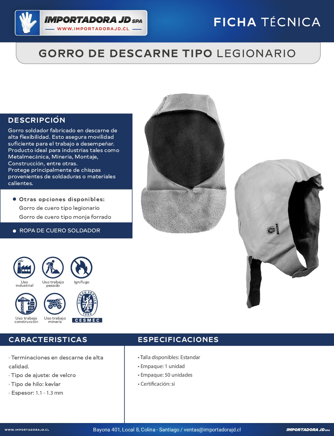 Gorro de Descarne Soldador Legionario con Hilo Kevlar - Imagen 3