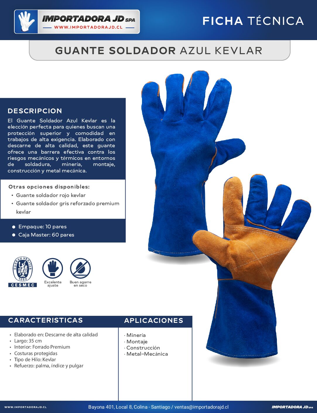 Guante de Soldador Reforzado Azul Kevlar - Imagen 3