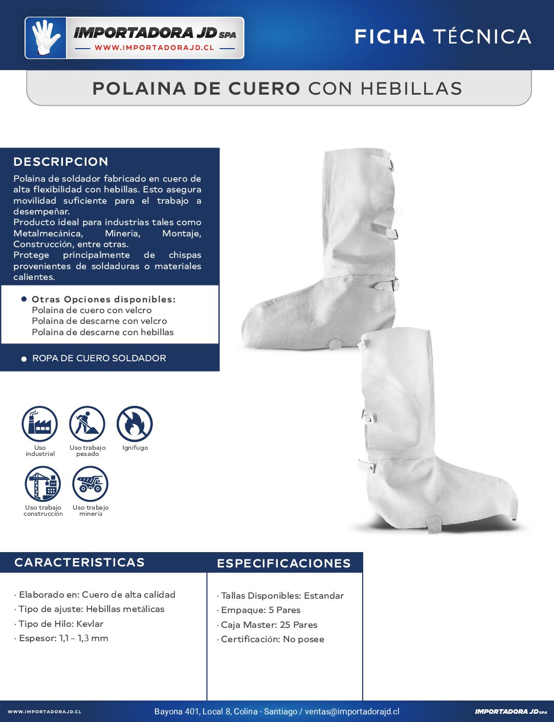 Polaina De Cuero Soldador Con Hebillas e Hilo Kevlar - Imagen 4