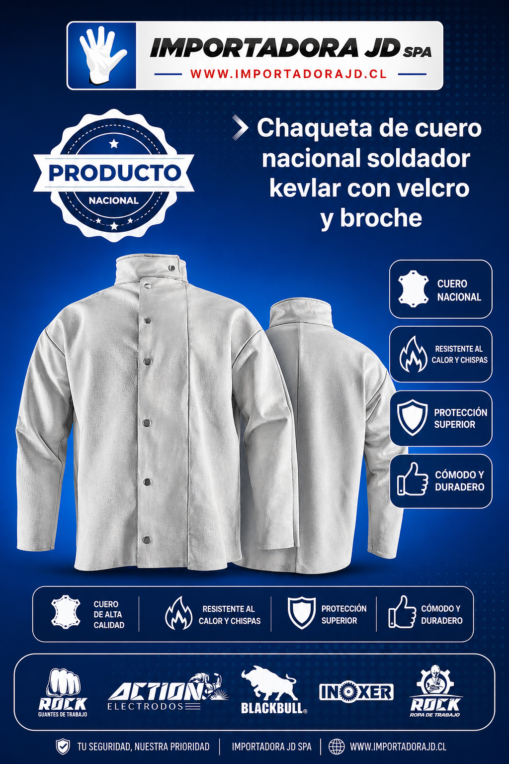 Chaqueta de Cuero Nacional Soldador con Velcro y Broche. Hilo Kevlar - Imagen 5