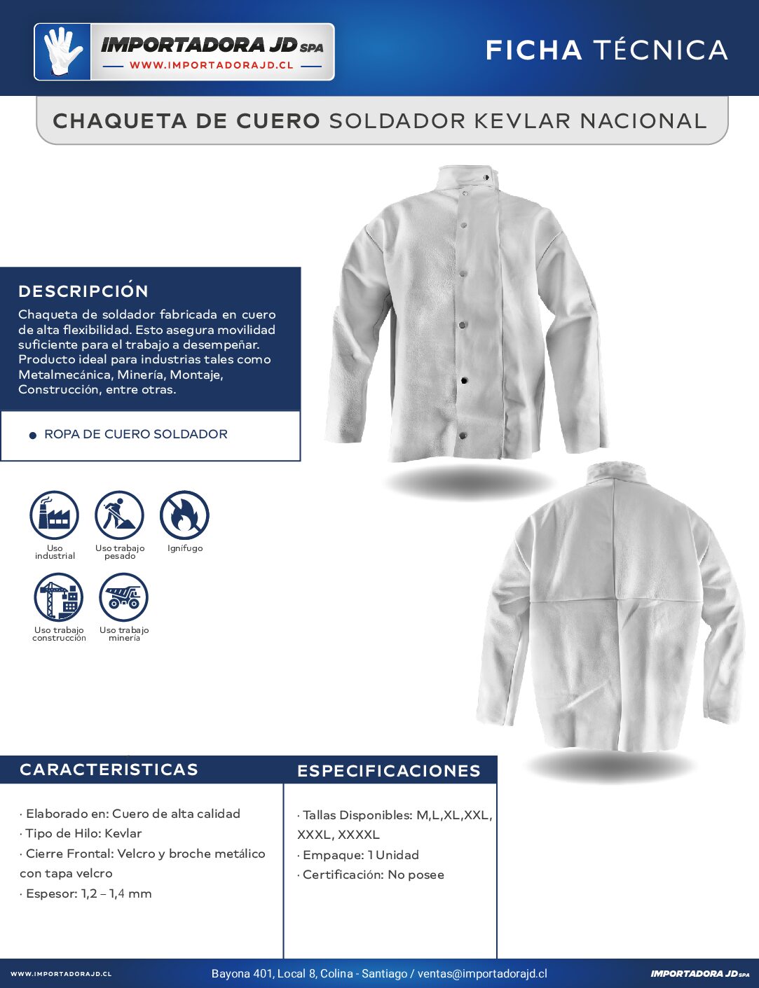 Chaqueta de Cuero Nacional Soldador con Velcro y Broche. Hilo Kevlar - Imagen 4