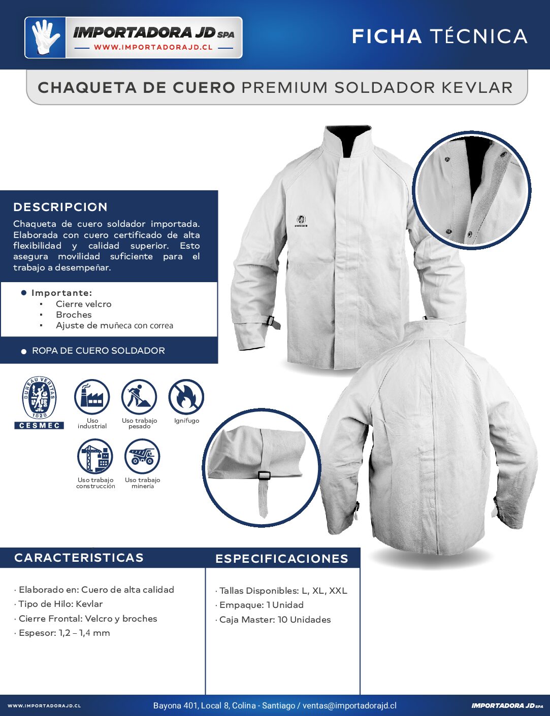| Chaqueta de Cuero Soldador Importada Premium Con Velcro y Broche +Ajuste de muñeca. Hilo Kevlar - Imagen 6