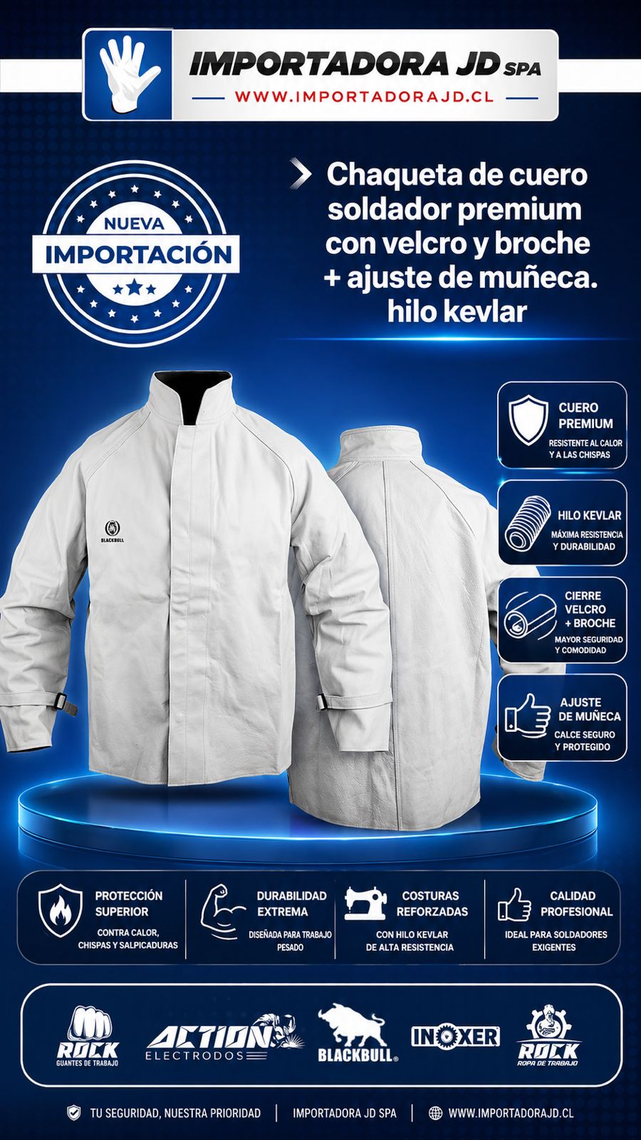 Chaqueta de Cuero Soldador Importada Premium Con Velcro y Broche +Ajuste de muñeca. Hilo Kevlar - Imagen 3